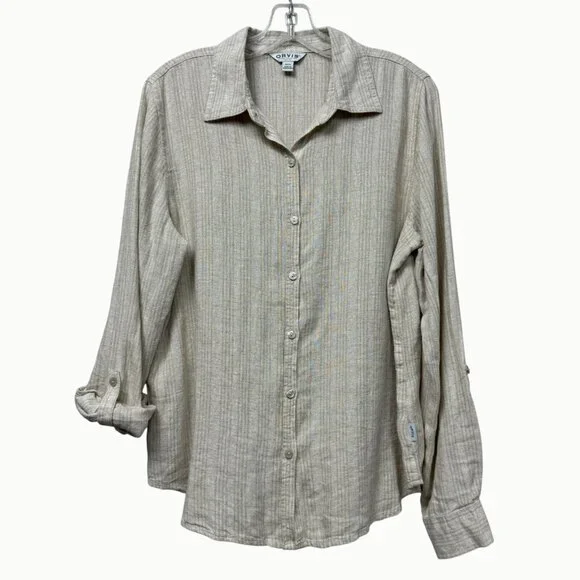 Orvis Women’s Linen Blend Button Up Shirt Roll Tab Sleeve Beige Small - Picture 1 of 12